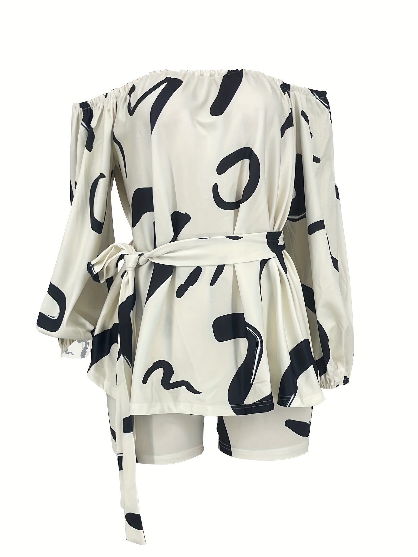 Geometric Print Front Tie Two Pieces Set Off Shoulder Tie Waist Blouse & Shorts