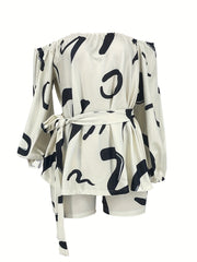 Geometric Print Front Tie Two Pieces Set Off Shoulder Tie Waist Blouse & Shorts