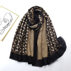 Geometric Ring Print Scarf Block Shawl Frayed Edge Windproof Head Wrap