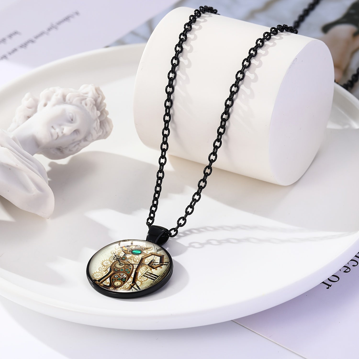 Steampunk Clock Shape Pendant Necklace Animal Pattern Goth Mech