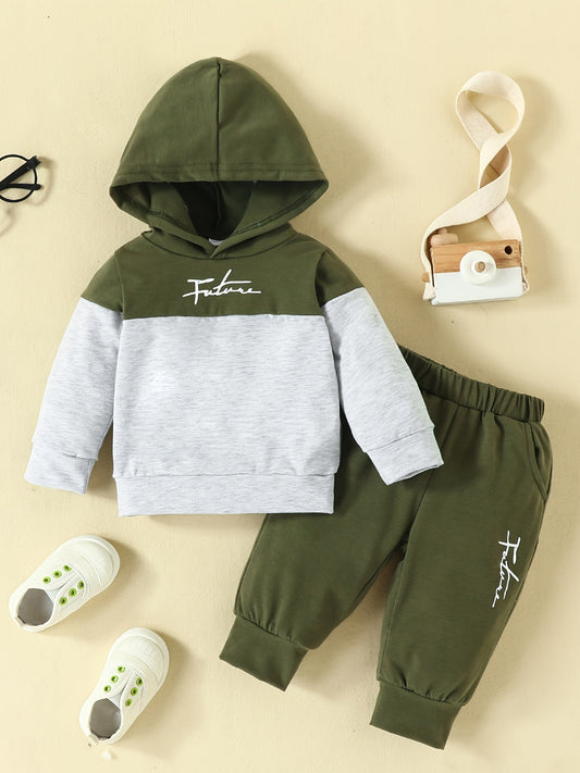 2pcs Baby Boys Casual Hooded Sweatshirt & Sweatpants Set, FUTURE Letter Print