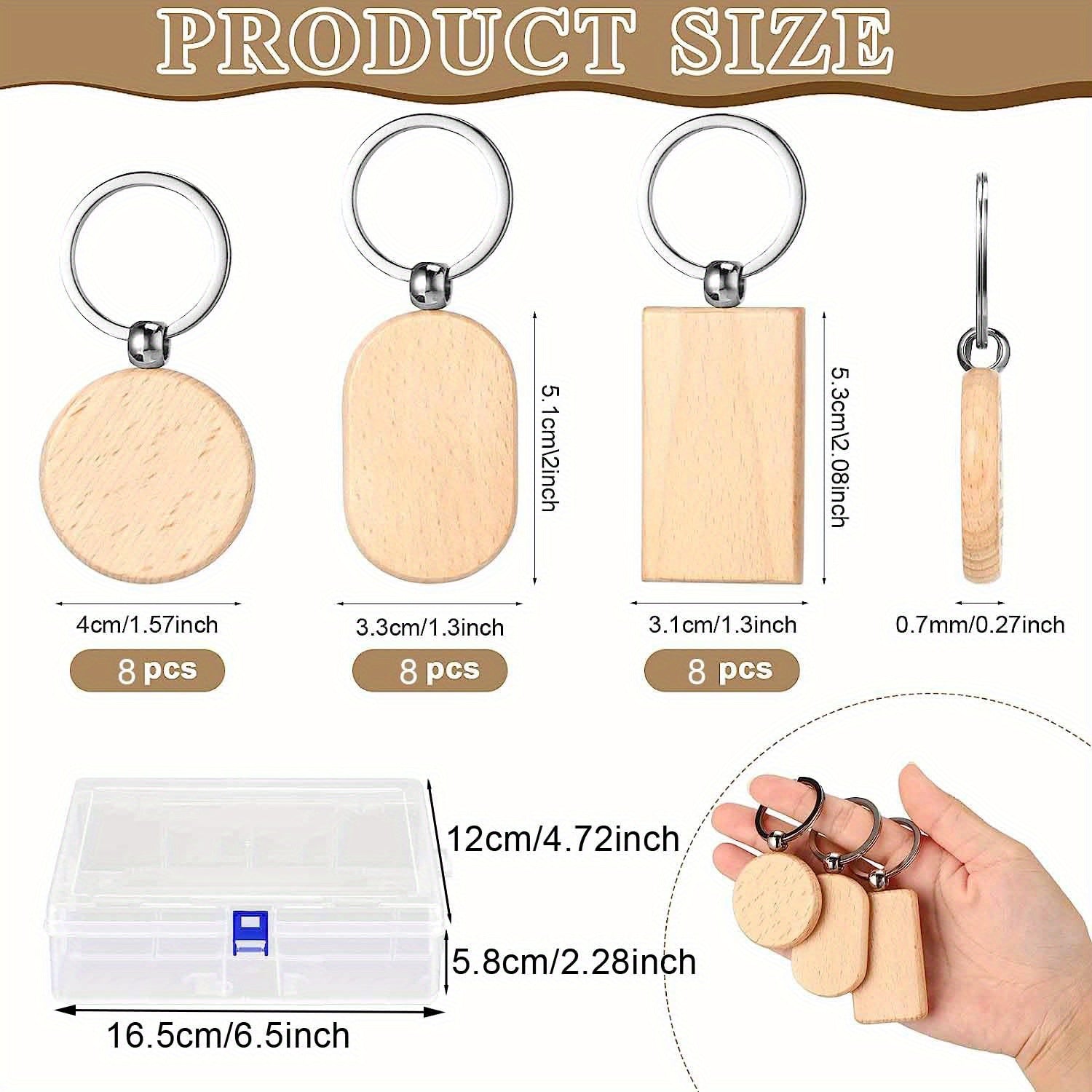 24pcs Wooden Keychain Billets Unprocessed DIY Key Chains with Storage Box