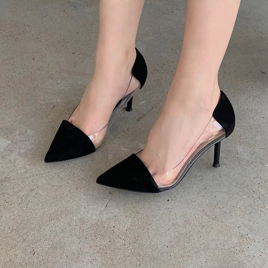 Women's Stiletto Heels Transparent Pumps Point Toe Slip On Breathable Shoes