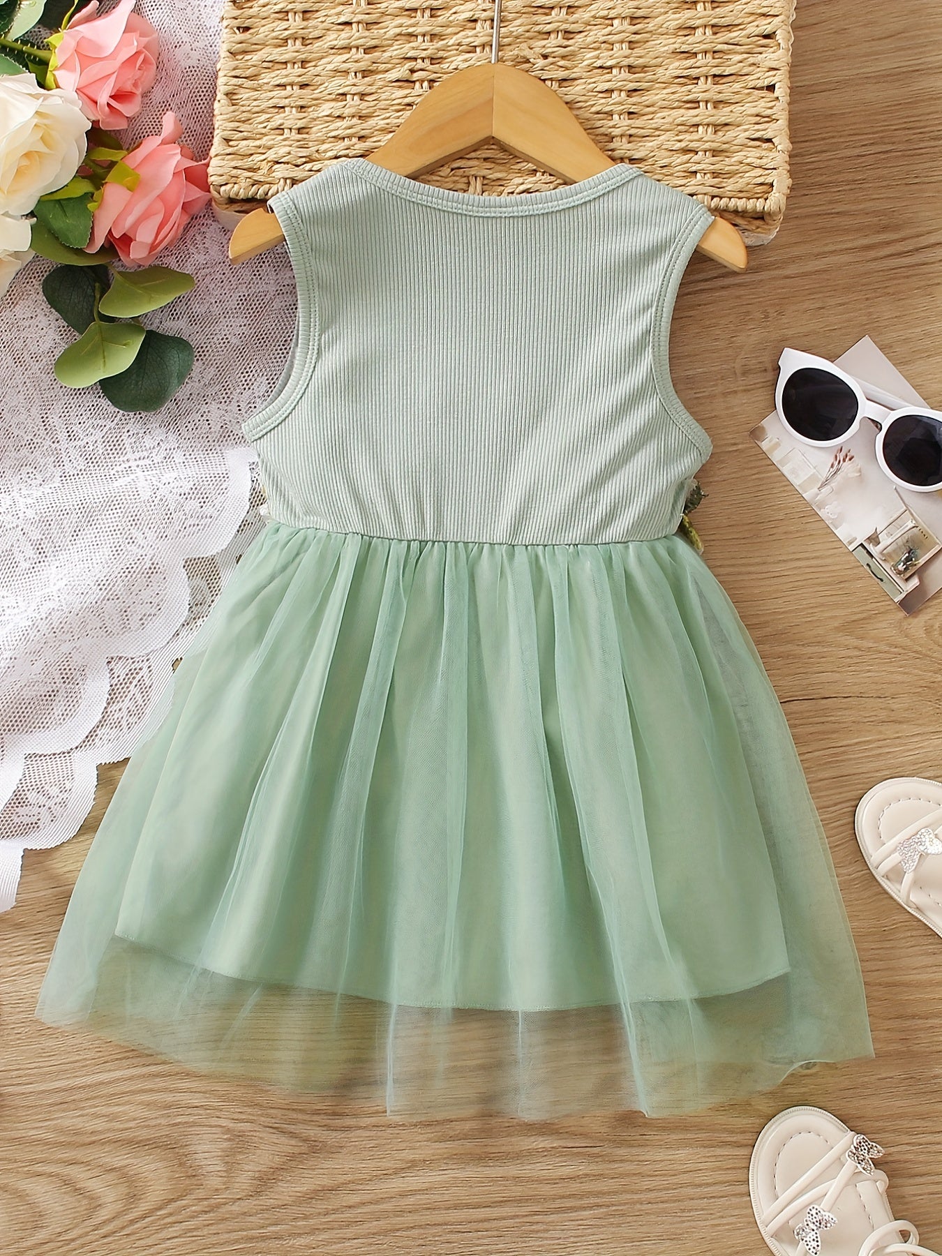 Girls Flower Decor Sleeveless Mesh Princess Dress Summer Kids Clothes