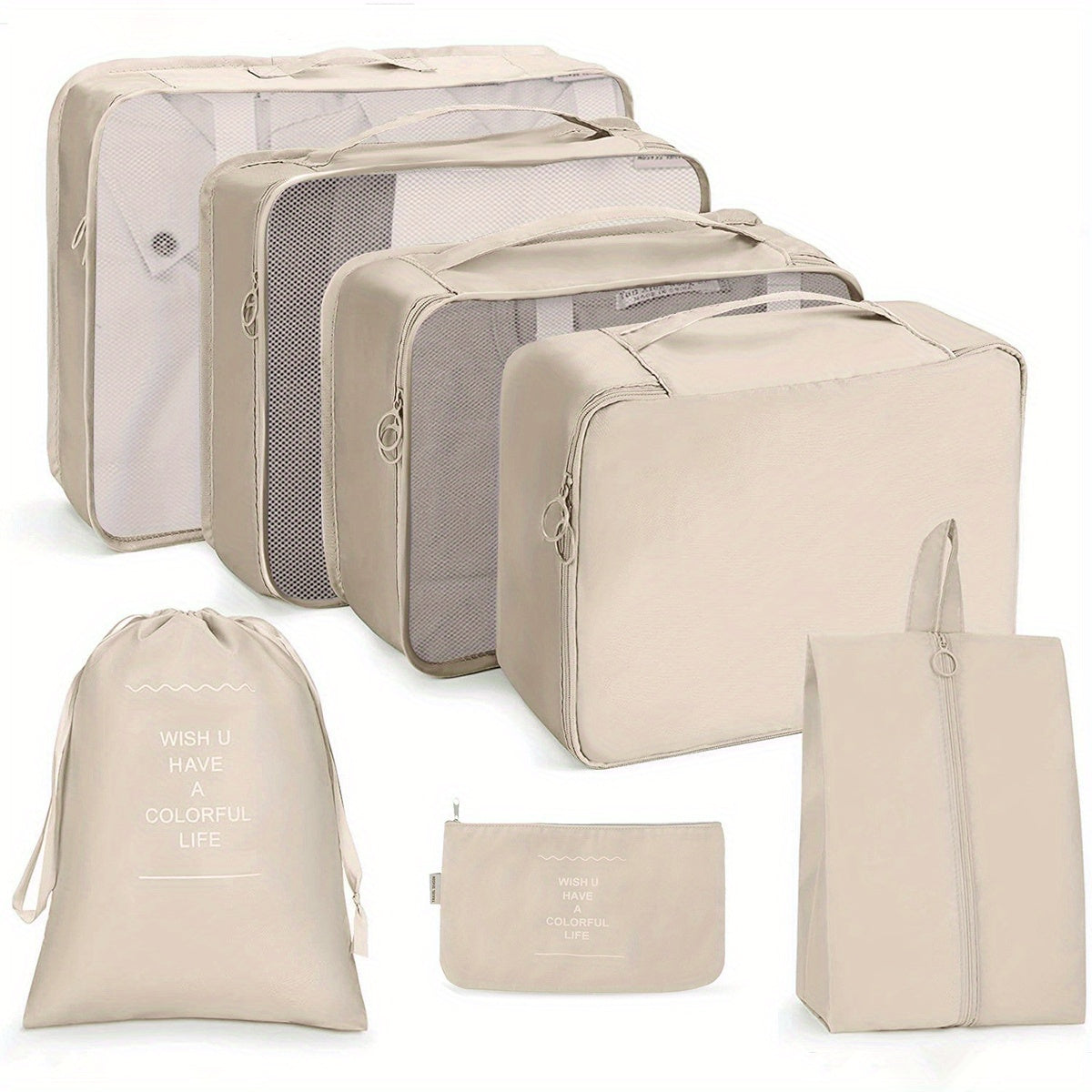 7pcs Solid Zipper Packing Cubes Lightweight Multifunctional Luggage Bags