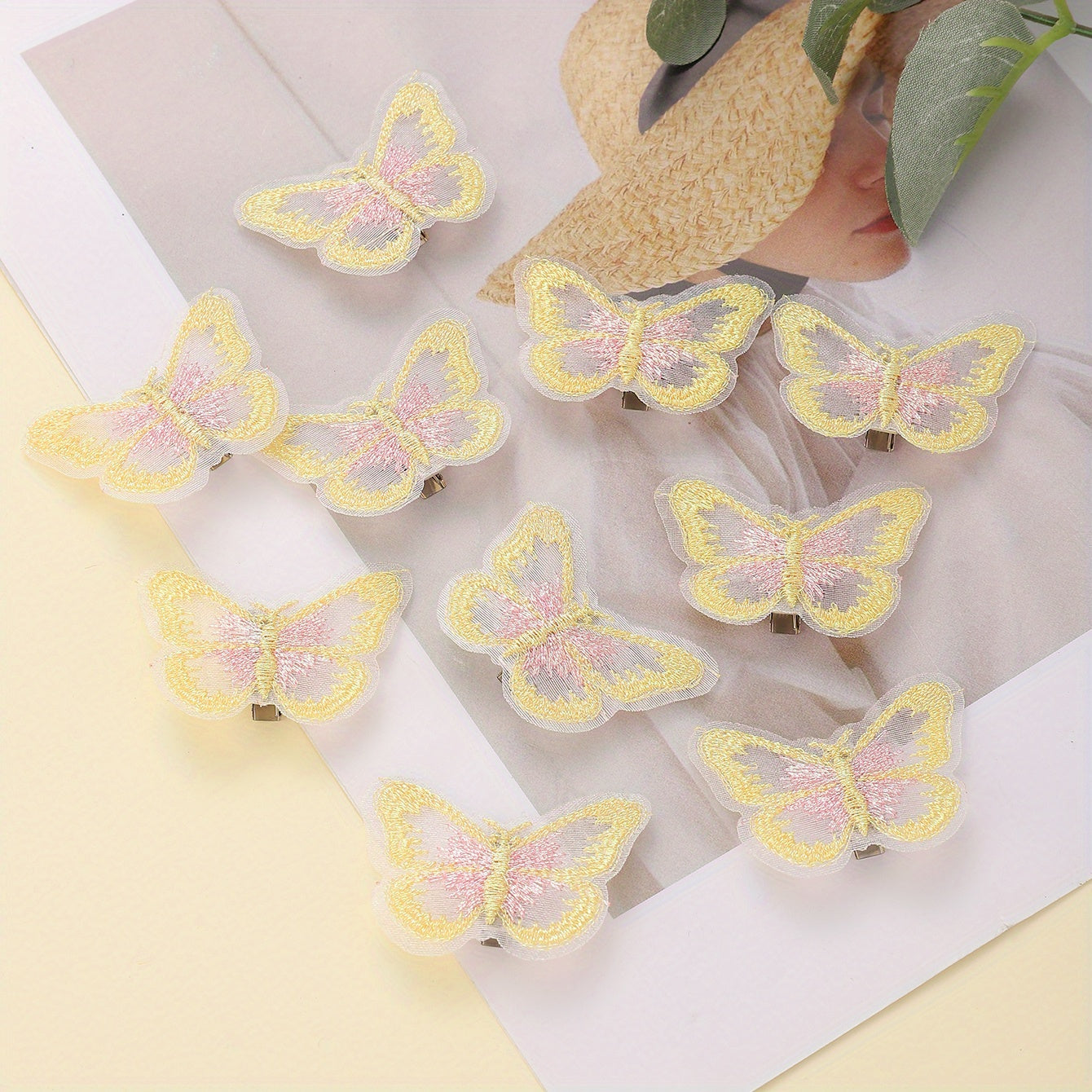 10pcs Yellow Butterfly Hair Clip Embroidered Duck Billed Clip for Women Girls
