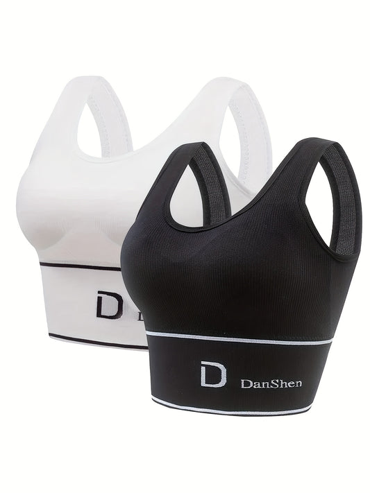 2 Pack Plus Size Sports Bra Women's Plus Letter Print Ribbed Round Neck Bra Set