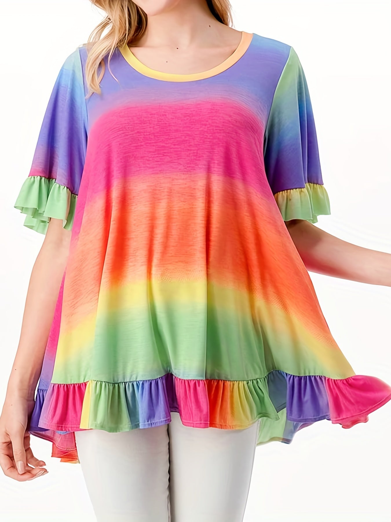  Colorblock Rainbow Print Ruffle Trim Short Sleeve Dress