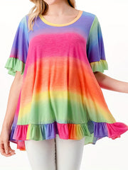  Colorblock Rainbow Print Ruffle Trim Short Sleeve Dress