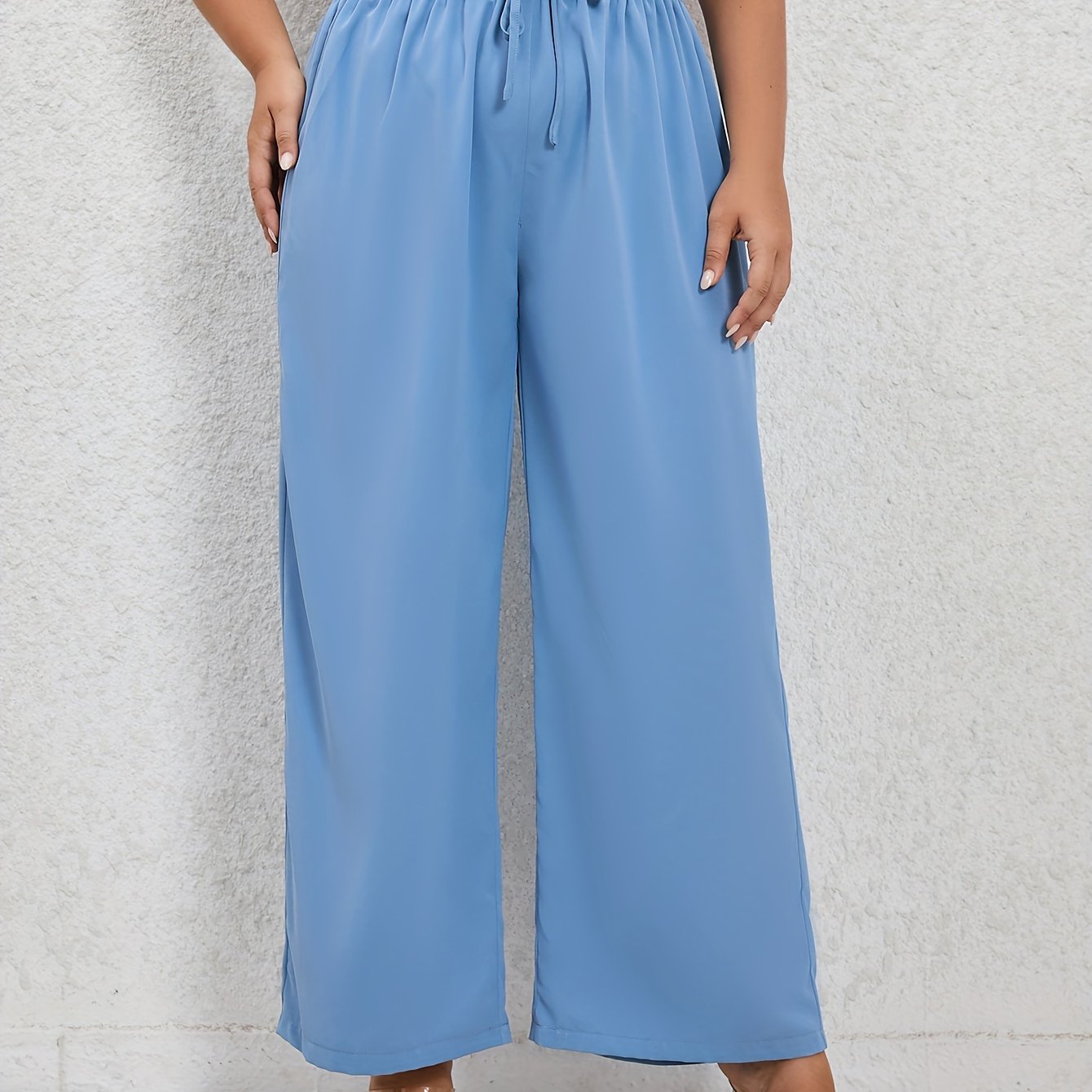  Solid Ruffle Trim Elastic Drawstring Wide Leg Pants