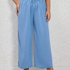  Solid Ruffle Trim Elastic Drawstring Wide Leg Pants