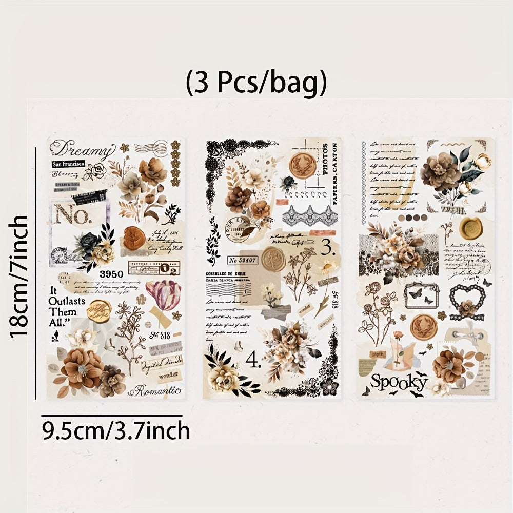 Retro Lace Theme PET Stickers Pack 3 Sheets Plant Flower Bow