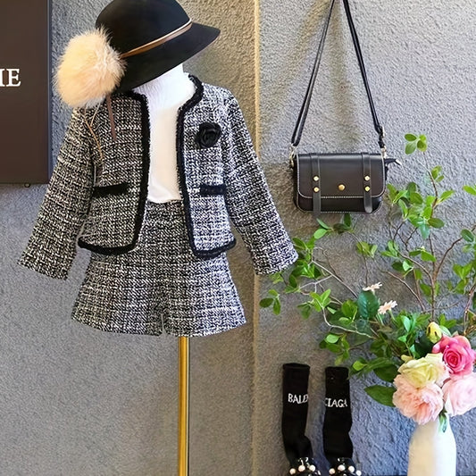 Girl's Tweed Jacket & Shorts Set Floral Decor Spring Autumn