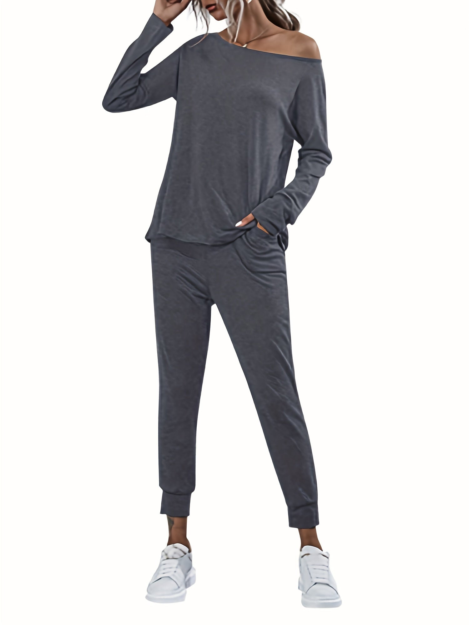  Solid One Shoulder Top & Jogger Pants Set
