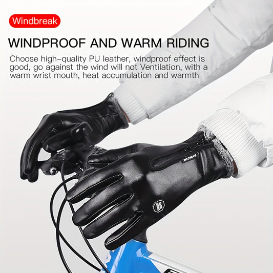 Men's PU Leather Winter Riding Gloves Windproof Touch Screen Ski Motorcycle
