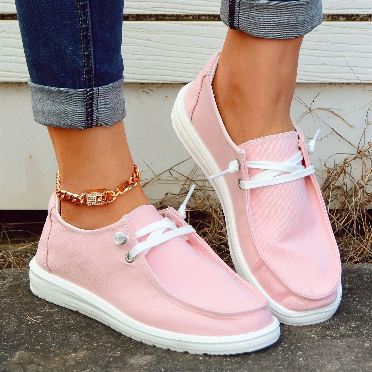 Women's Red Boat Shoes Lace up Comfortable Flat Canvas Shoes