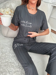 Letter Print Pajama Set Casual Short Sleeve Crew Neck Top & Lace Up Pants