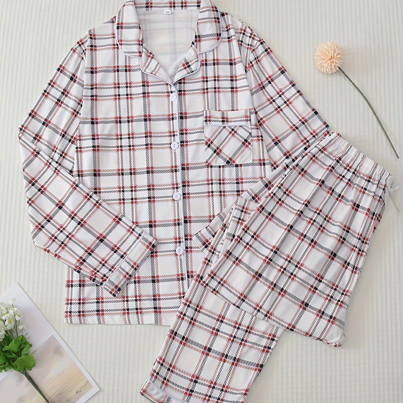 Plaid Pajama Set Long Sleeve Top & Pants