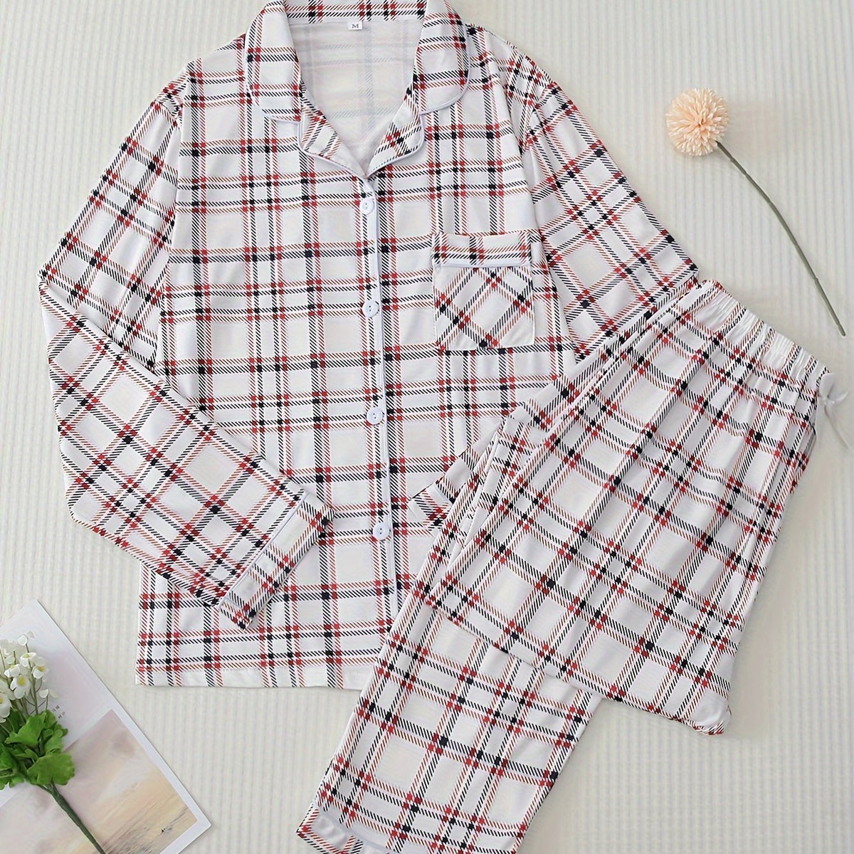 Plaid Pajama Set Long Sleeve Top & Pants
