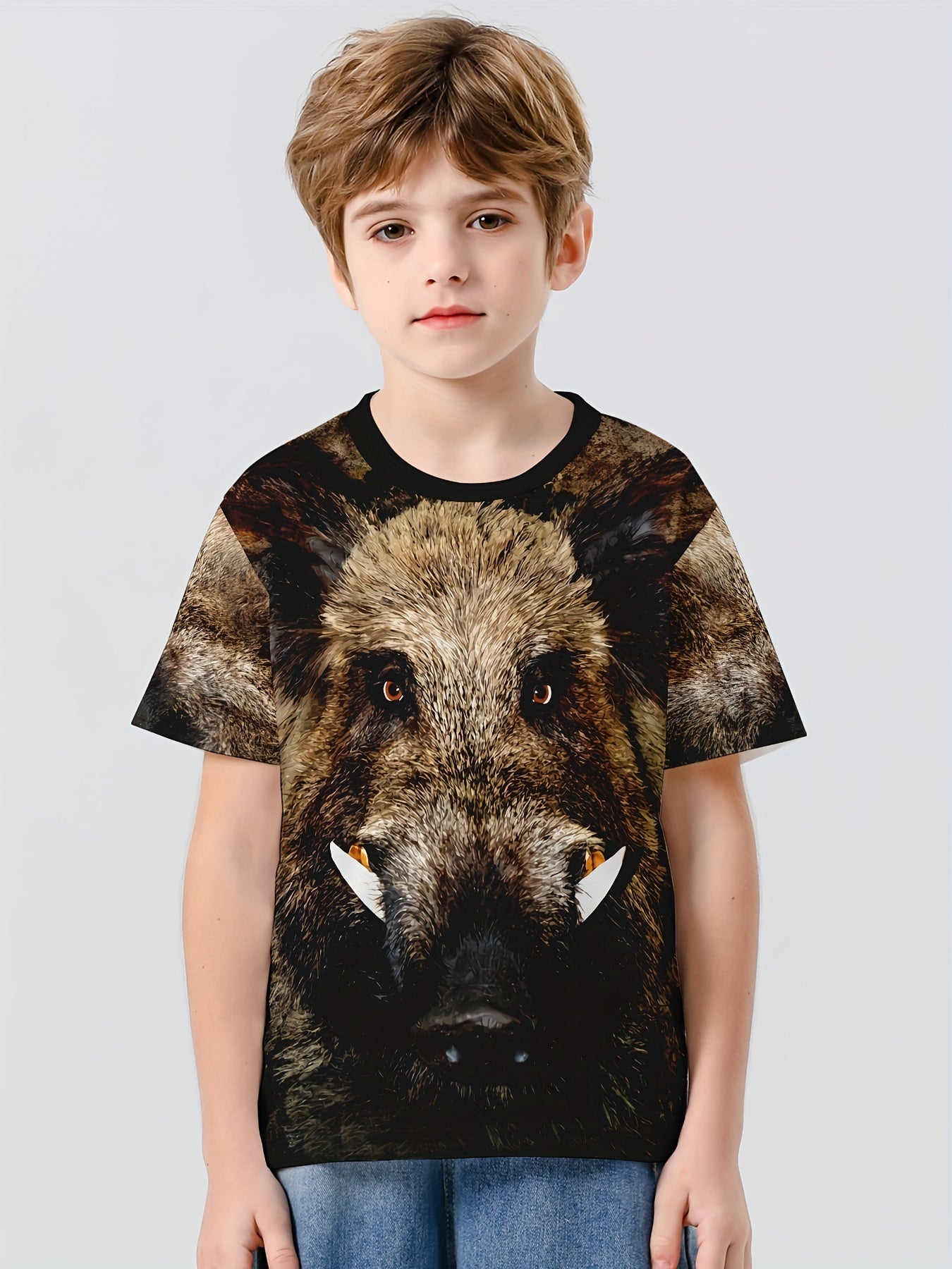 Wild Boar 3D Print Kids T-shirt Boys Summer Sports Lightweight Tee