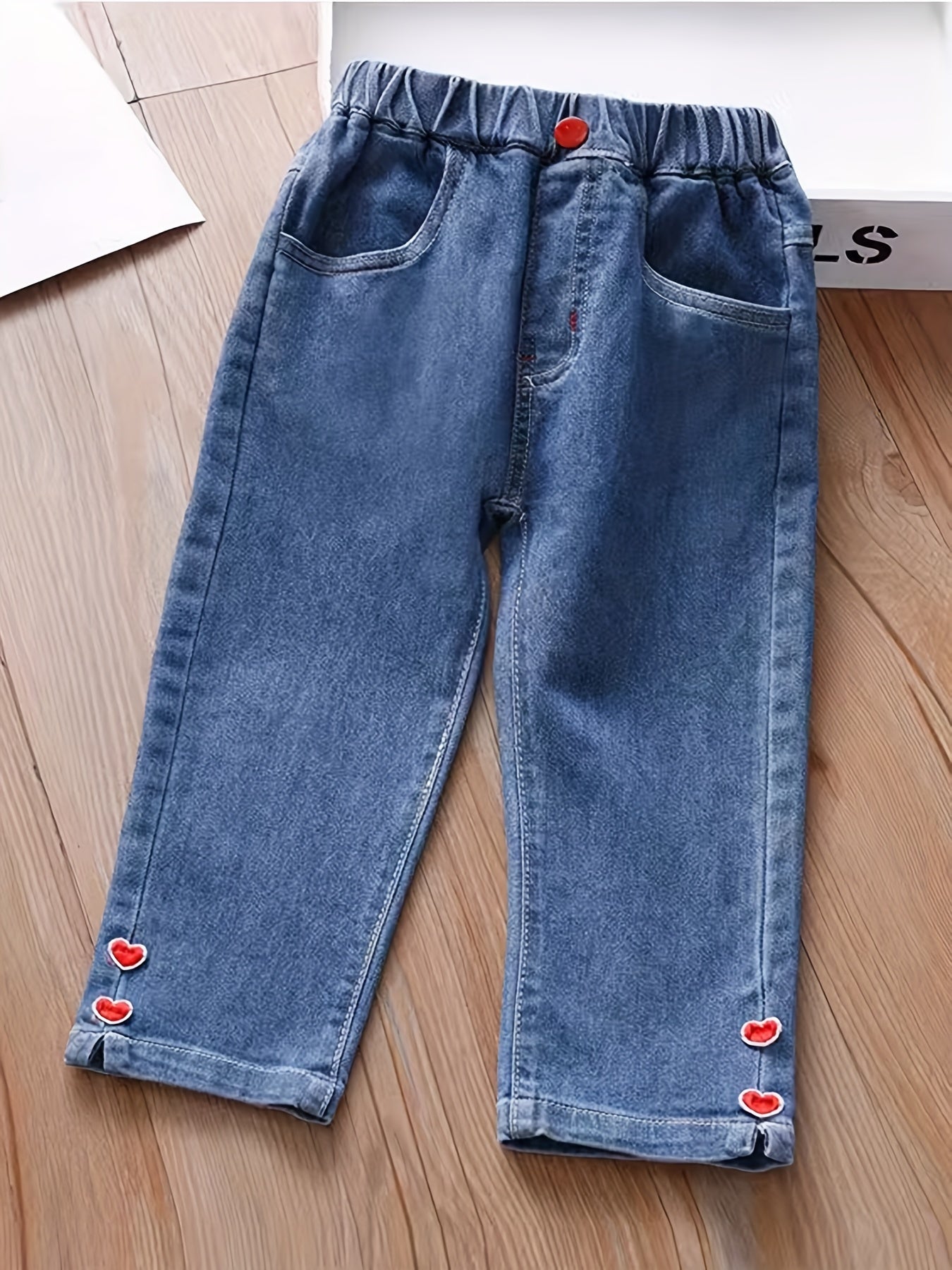 Heart Embroidered Girls' Jeans with Pockets