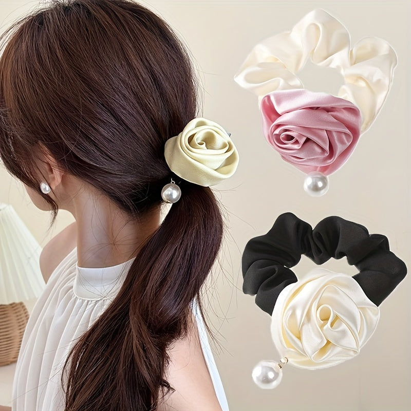 Silky Flower Scrunchies Hair Tie Pearl Hair Rope Sweet Ponytail Holder