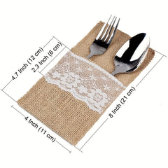 10pcs Natural Burlap Lace Cutlery Holders Pouch Bags