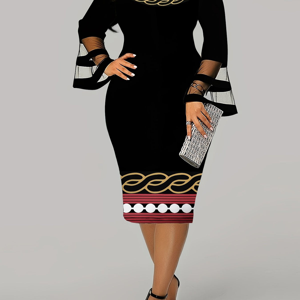  Colorblock Geometric Print Mesh Bell Sleeve Midi Dress