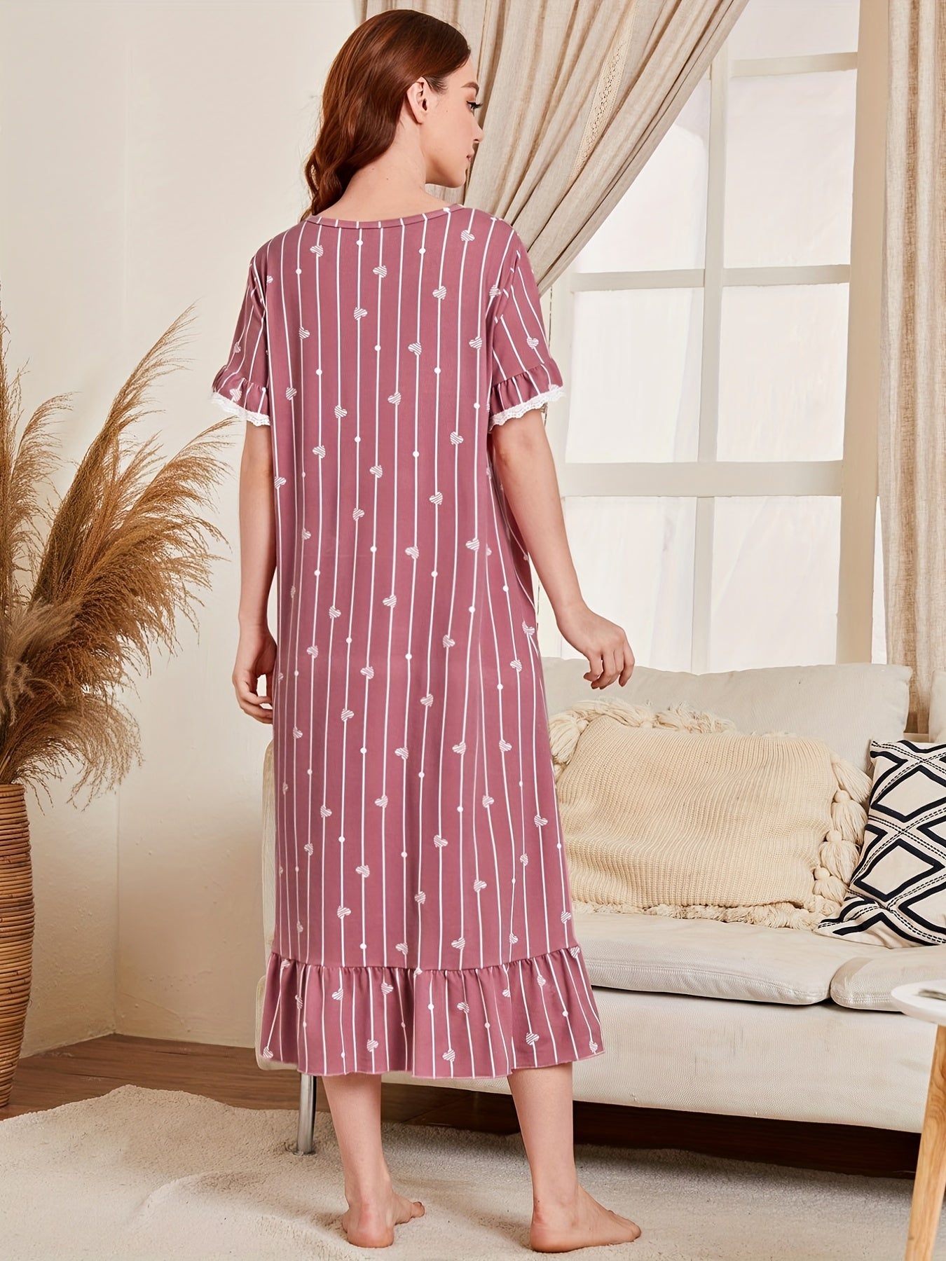 Heart Print Ruffle NightDress Striped Pajama Dress