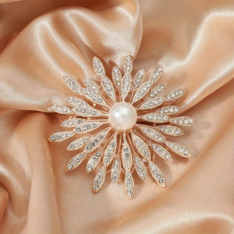 Double Layer Flower Brooch Pin Faux Pearls Ladies Accessory