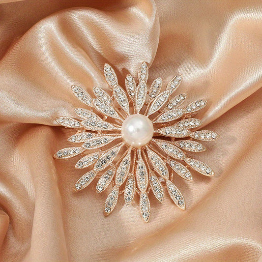 Double Layer Flower Brooch Pin Faux Pearls Ladies Accessory