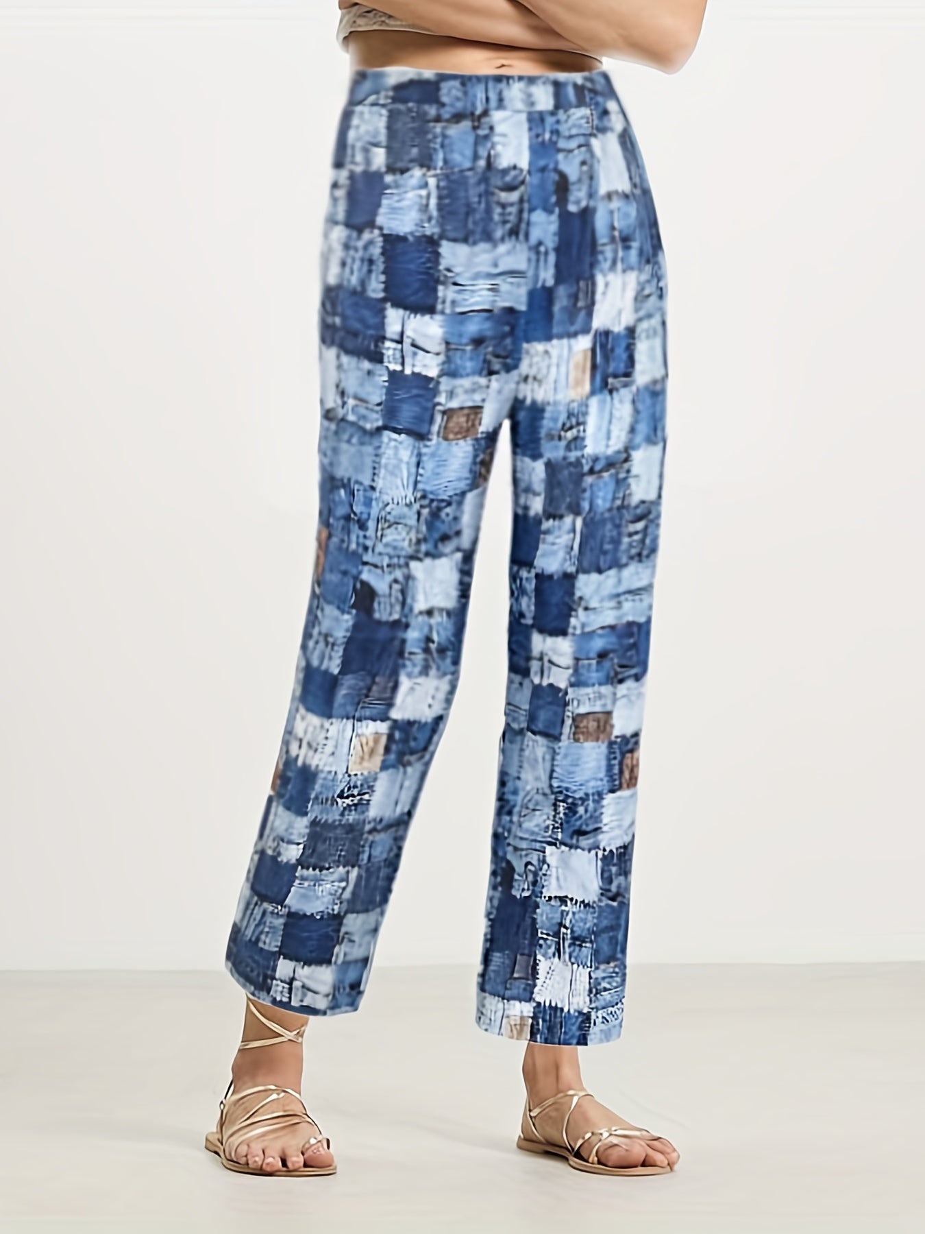  Colorblock Denim Print Stretch Trousers