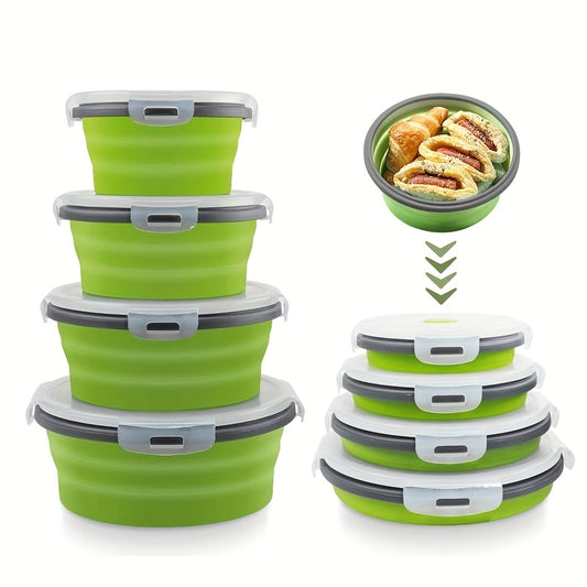 4pcs Silicone Insulated Lunch Box Collapsible Portable BPA Round Bento Leakproof