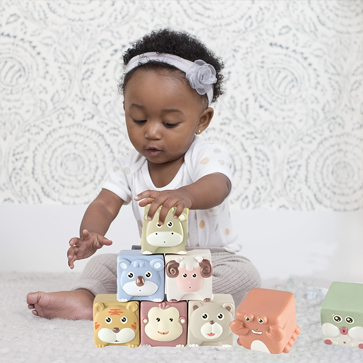 Silicone Baby Building Blocks Set Animal Stacking Cups Soft Squeeze Play