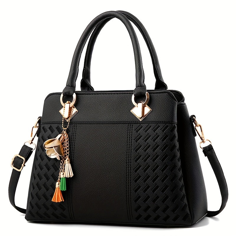 Women's Classic Tote Satchel Bag with Zipper, Top Handles & Pendant