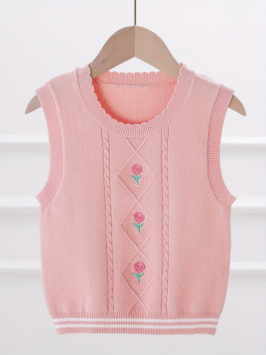 Girls' Flower Embroidered Knit Vest for Autumn/Winter