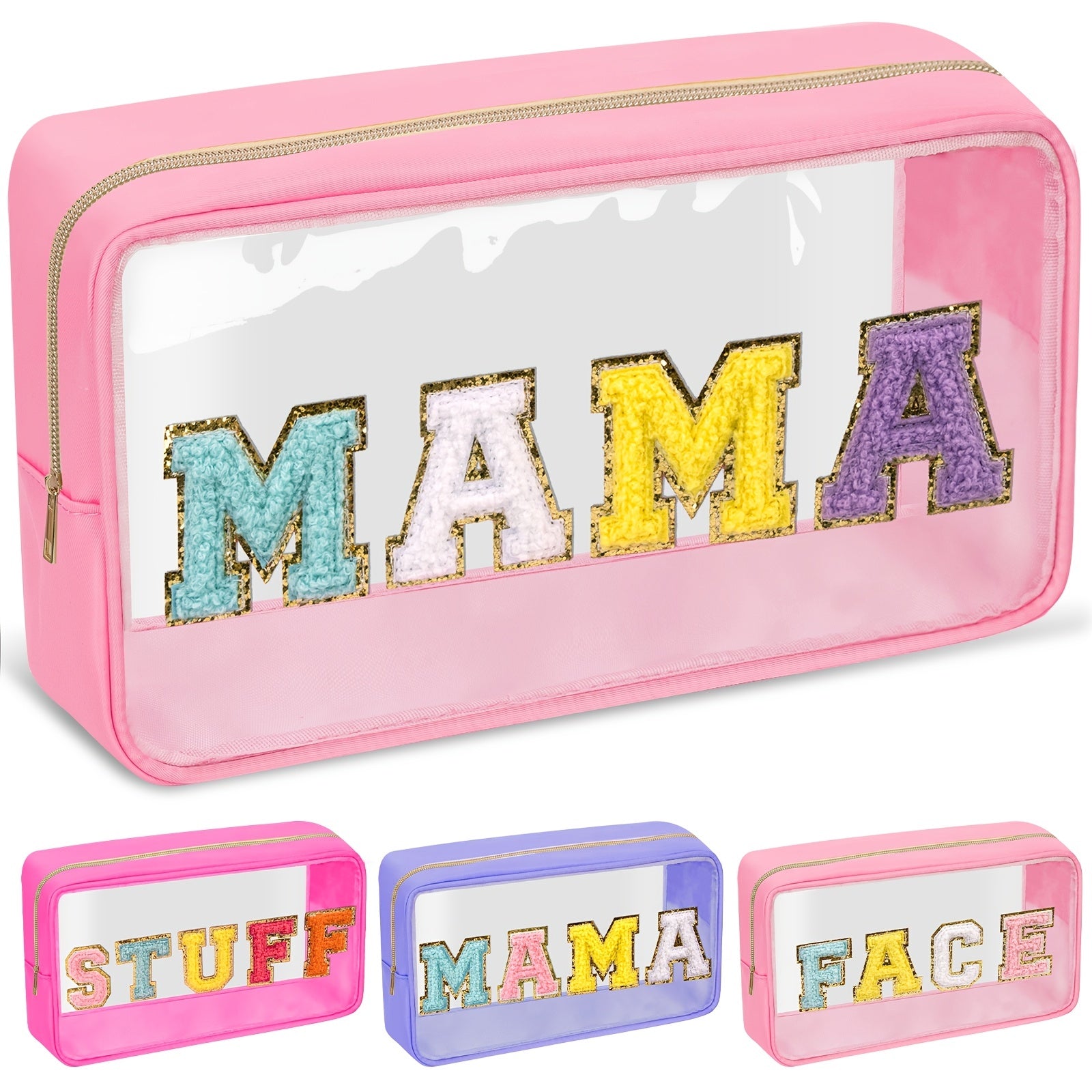 Chenille Letter Clear Makeup Bags Mama Pouch Preppy Patch Makeup Bag