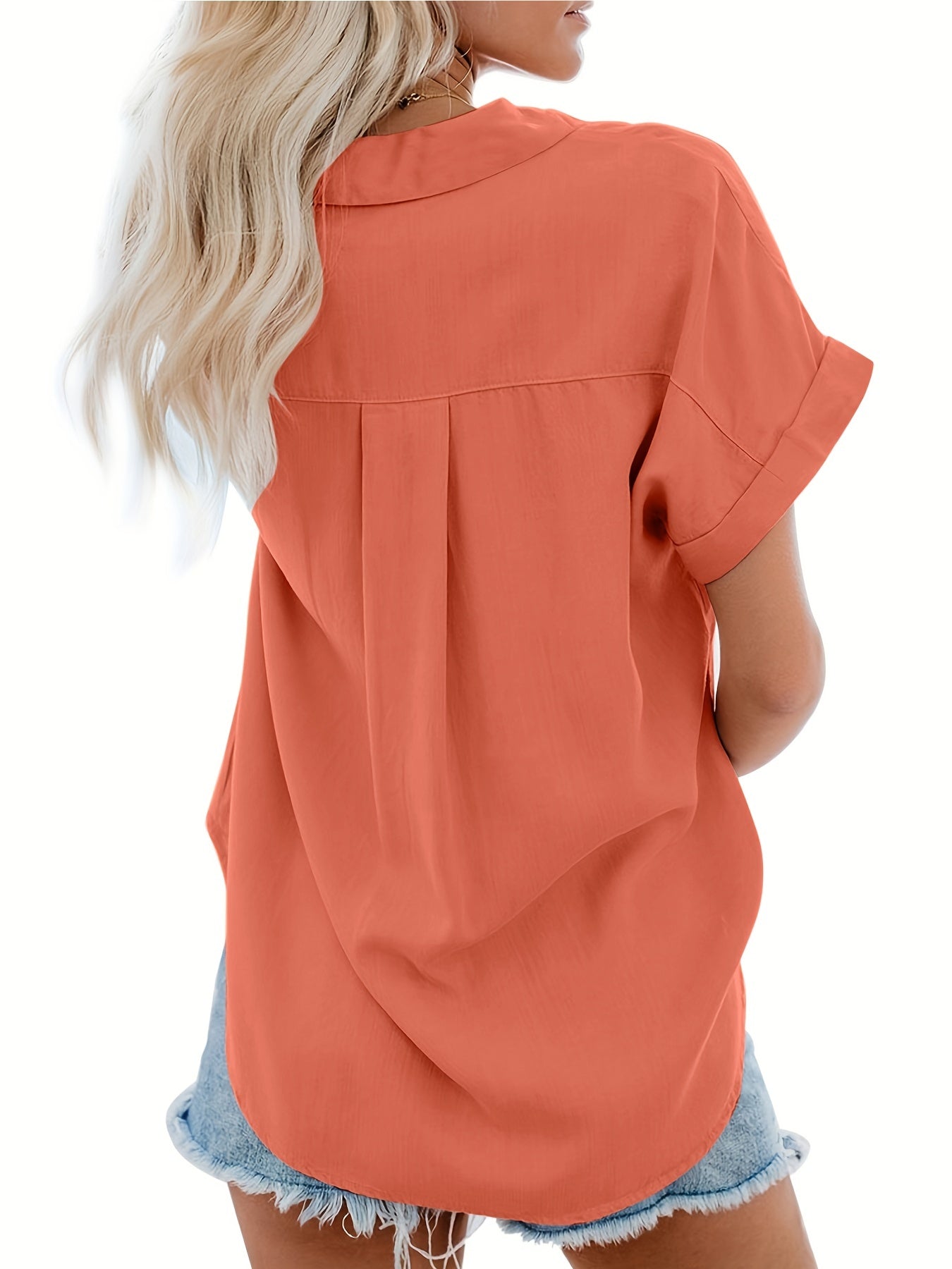  Solid Roll Up Batwing Sleeve Blouse