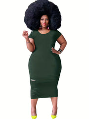  Sexy Dress Women's Solid Cut Out Long Sleeve Round Neck Dress