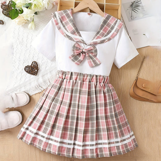 Girl's 2pcs Shirt & Skirts Set Uniform Preppy Style Casual Outfits