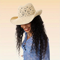 Vintage Y2K Hollow Crochet Straw Cowboy Hat