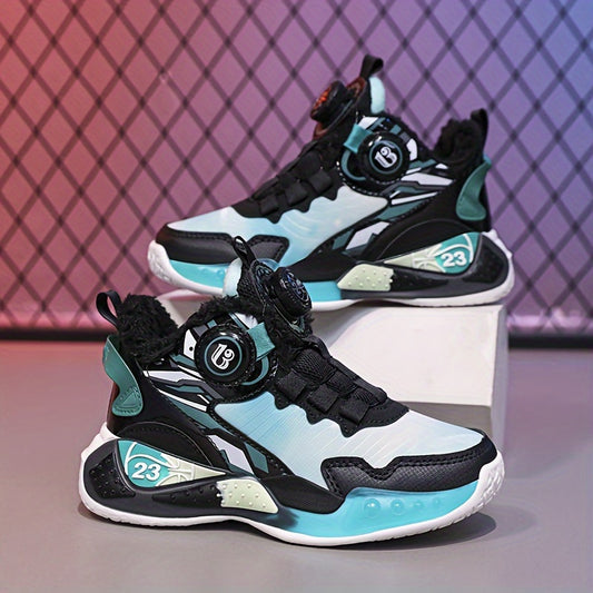 Boy's Basketball Shoes with Rotating Buckle Comfy Breathable Non Slip Sneakers