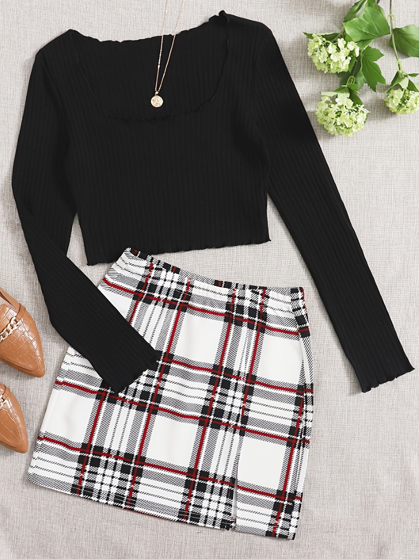 Women's Two Piece Set Square Neck Crop Top & Plaid High Waist Mini Skirt