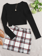 Women's Two Piece Set Square Neck Crop Top & Plaid High Waist Mini Skirt