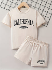 2pcs Boys California Print Tee & Shorts Set Summer Outfits