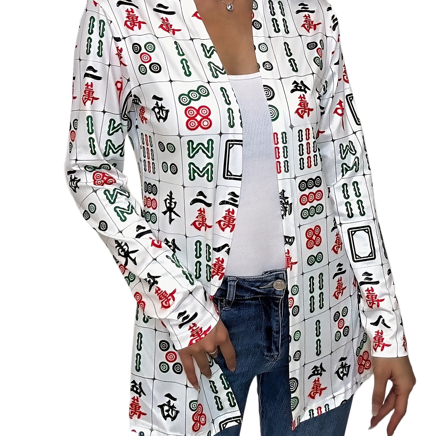  Open Front Cardigan V Neck Long Sleeve Stretch Print Casual