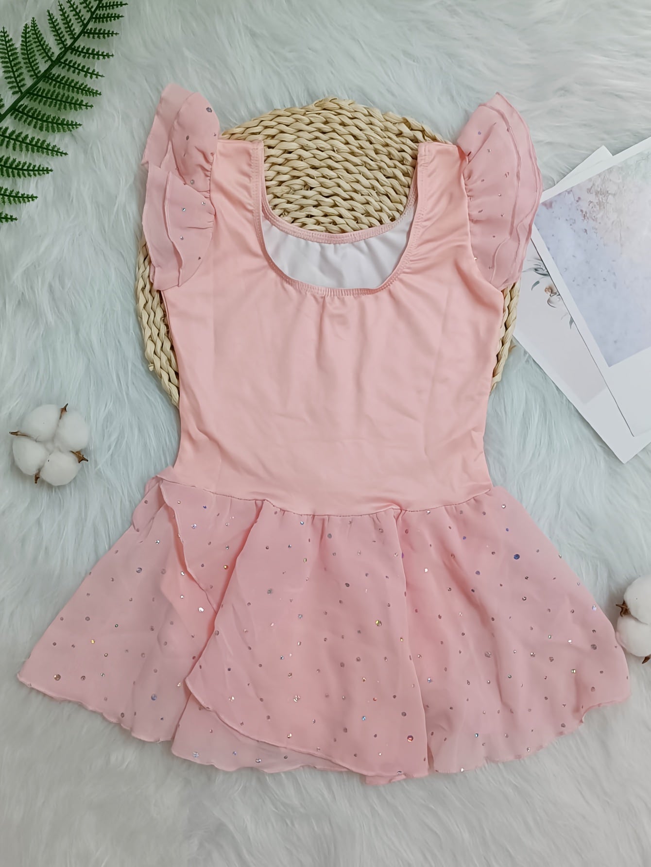 Girls Solid Ruffle Trim Ballet Leotard Dress Short Sleeve Dance Performance Gift