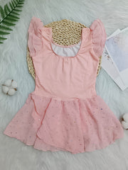 Girls Solid Ruffle Trim Ballet Leotard Dress Short Sleeve Dance Performance Gift