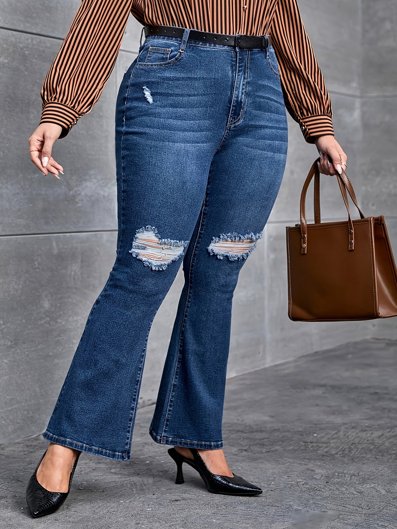 High Rise Ripped Flared Jeans Plus Size Stretch Denim Pants