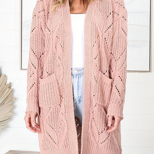  Solid Knit Long Sleeve Cardigan With Pockets